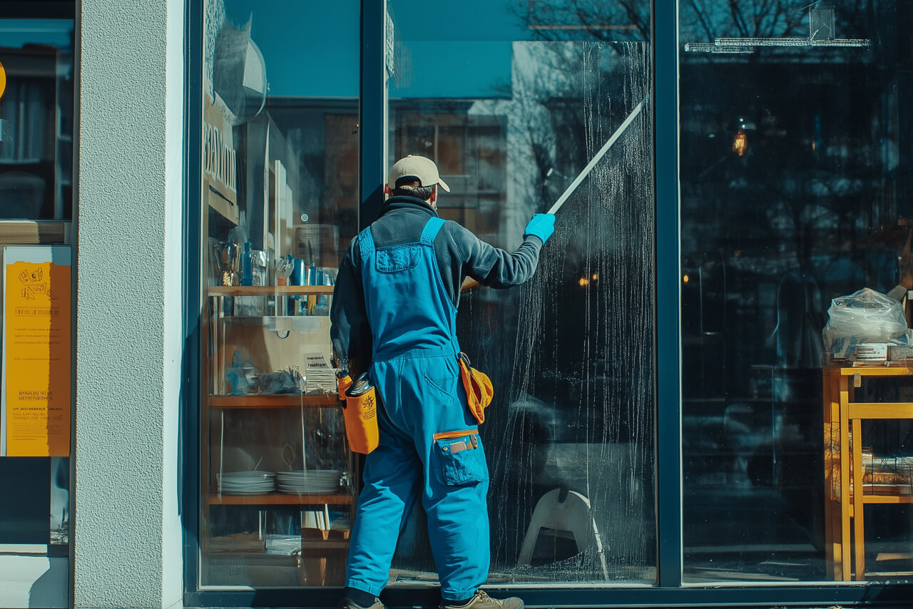 Einer unserer Mitarbeiter reinigt eine Fensterfläche ebenerdig von aussen eines Ladengeschäfts.