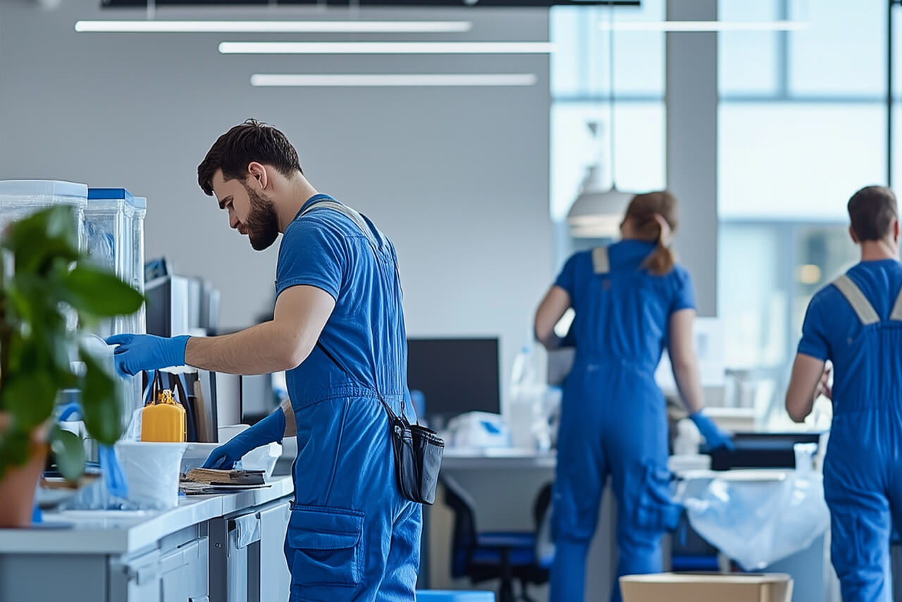 Blick in ein Büro wo Mitarbeiter*innen unserer Reinigungsfirma eine Grundreinigung druchführen