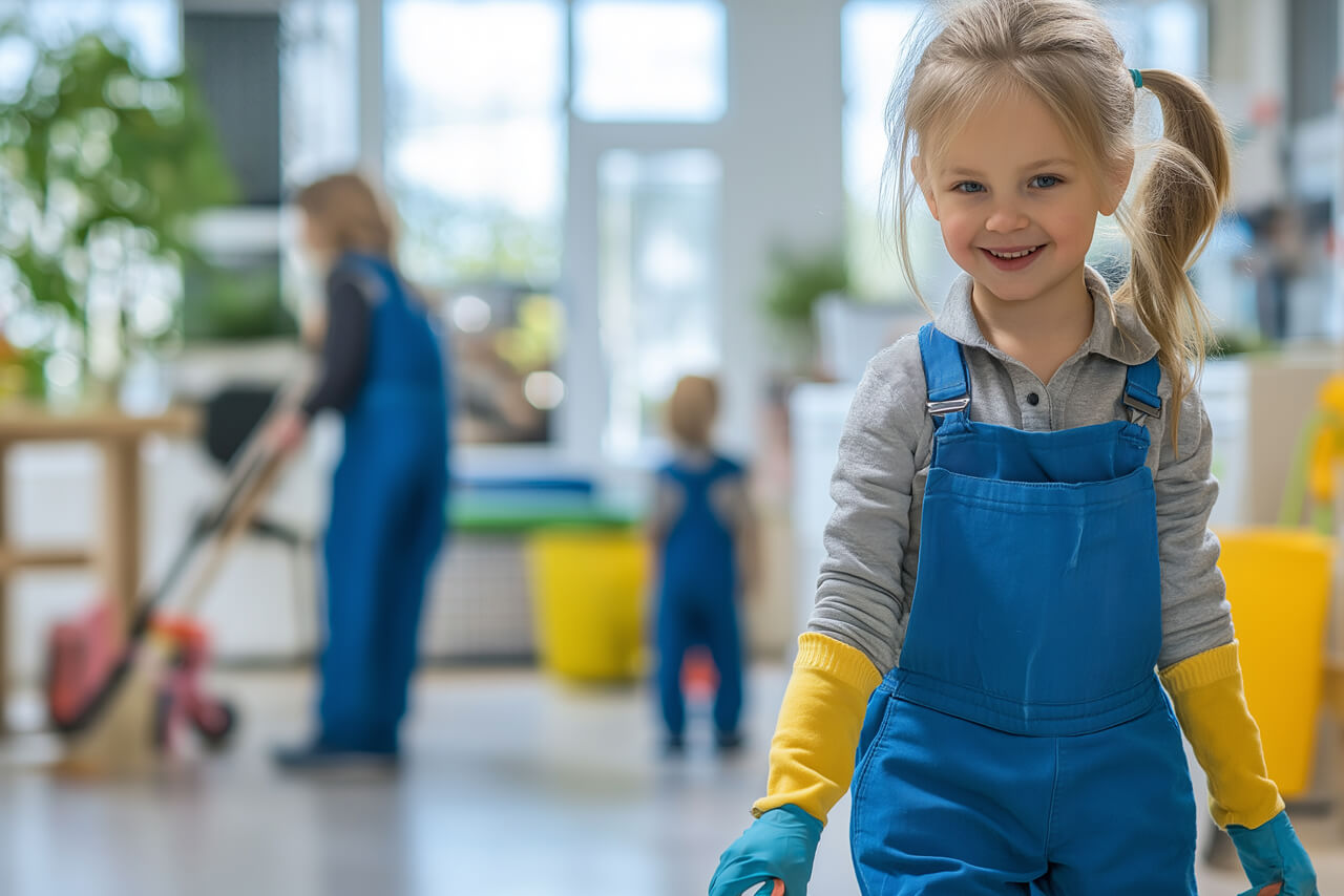 Blick in einen Kindergartenraum wo unsere Mitarbeiter von fleißigen und glücklichen Kindern, bei der Reinigung, unterstützt werden.