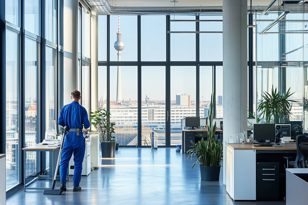 Blick aus einem Berliner Großraumbüro mit großen Glasfenstern auf den Berliner Fernsehturm - Ihre Reinigungsfirma in Berlin